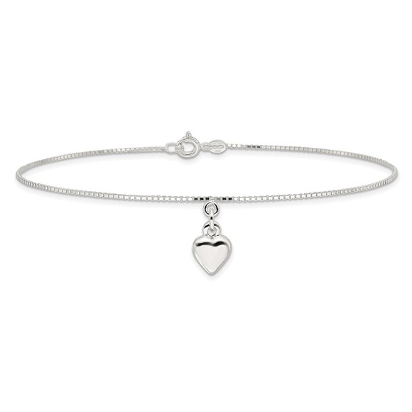 925 Sterling Silver 10inch Polished Puffed Heart Charm Summer Jewelry Anklet - Picture 3 of 6